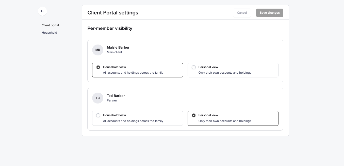 Timeline Platform Client settings showing Personal view and Household view options