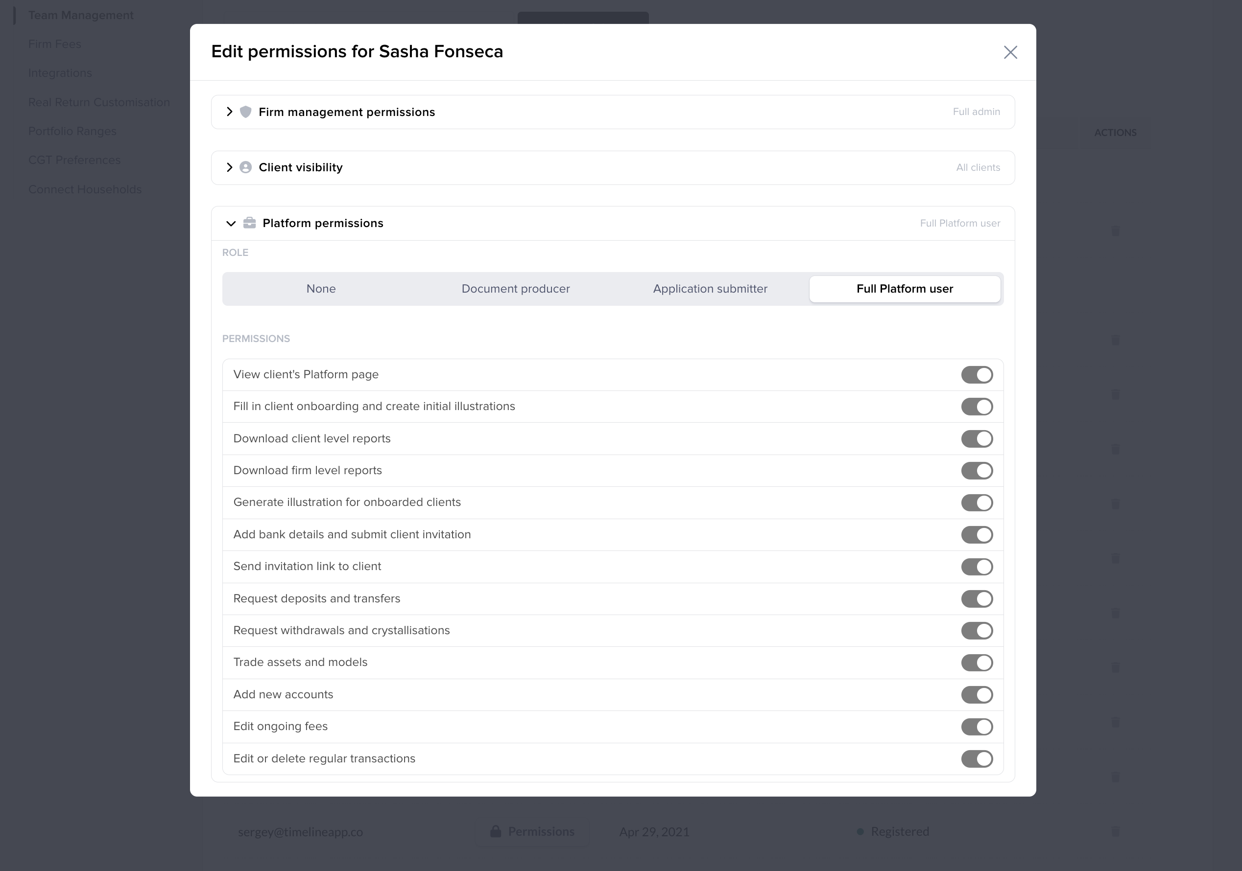 Timeline Platform Permissions screen showing role-based access options